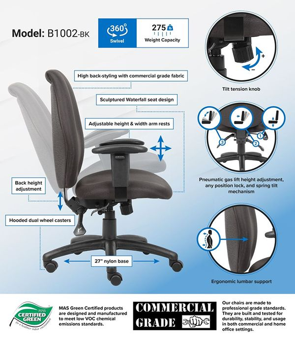 Boss High-Back Task Chair with Adjustable Arms, Black - Image 6