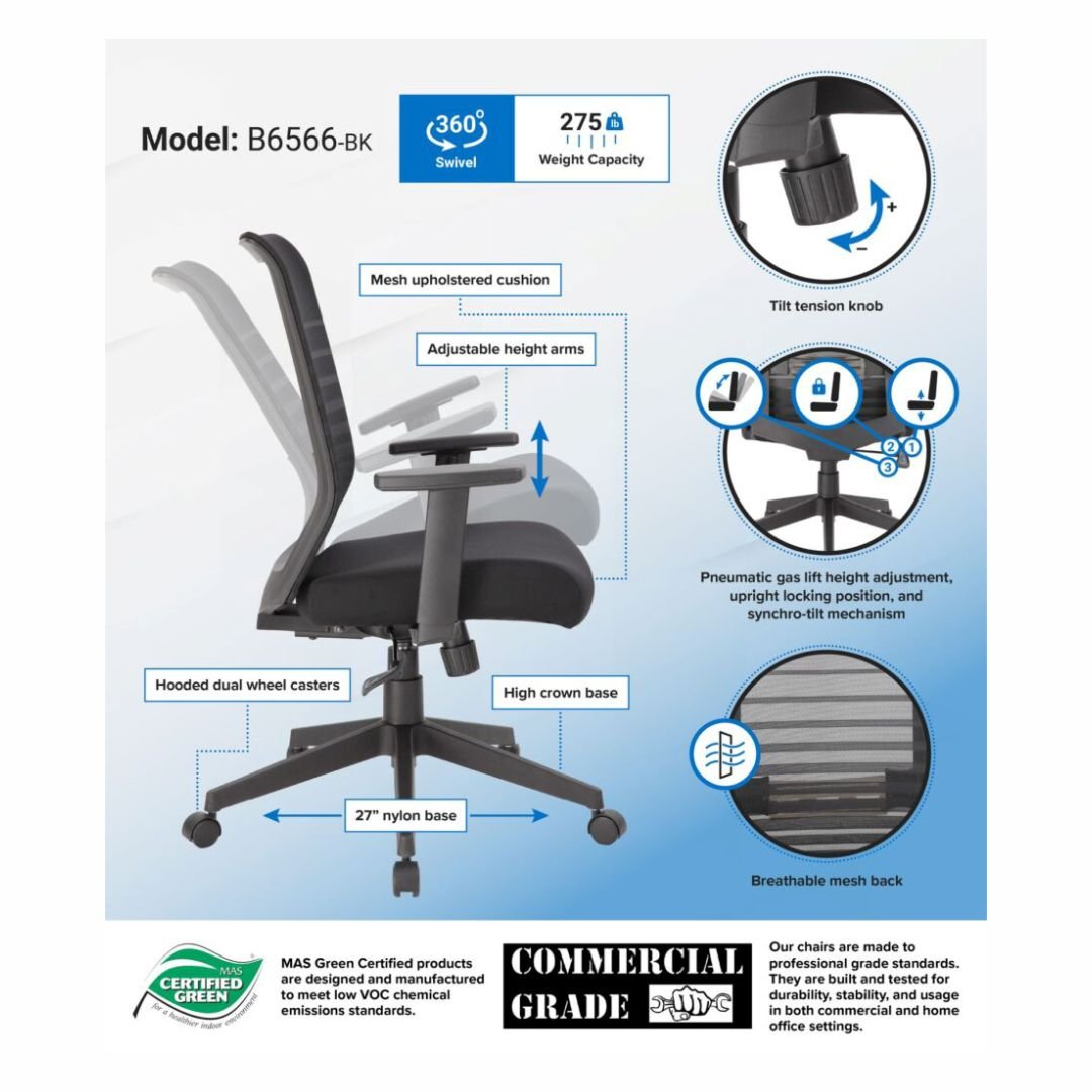 Boss Horizontal Mesh Back Task Chair, Synchro-Tilt Mechanism - Image 4