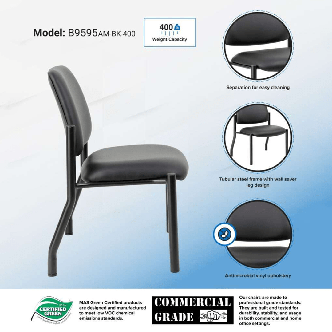 Boss Mid Back Armless Guest Chair, 400 lb capacity, Antimicrobial Vinyl - Image 3