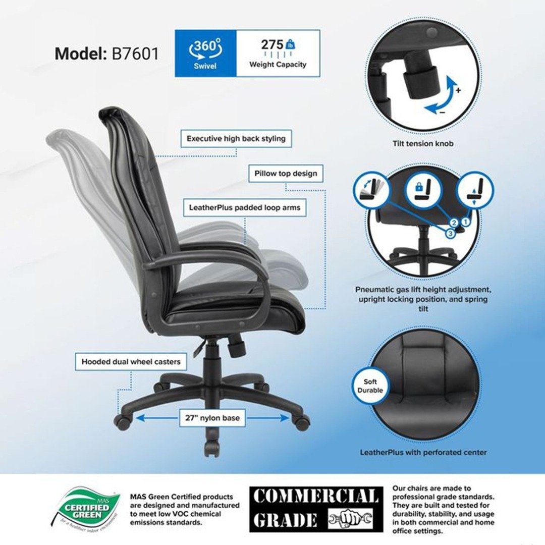 Boss Executive Leather Plus Chair W/Padded Arm - Image 6