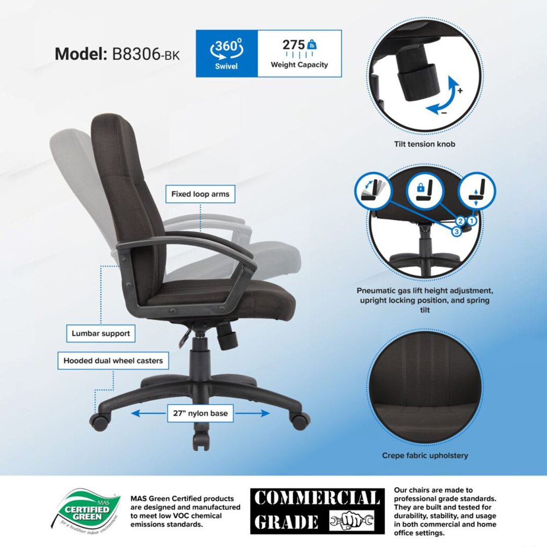 Boss Mid Back Fabric Managers Chair In Black - Image 6