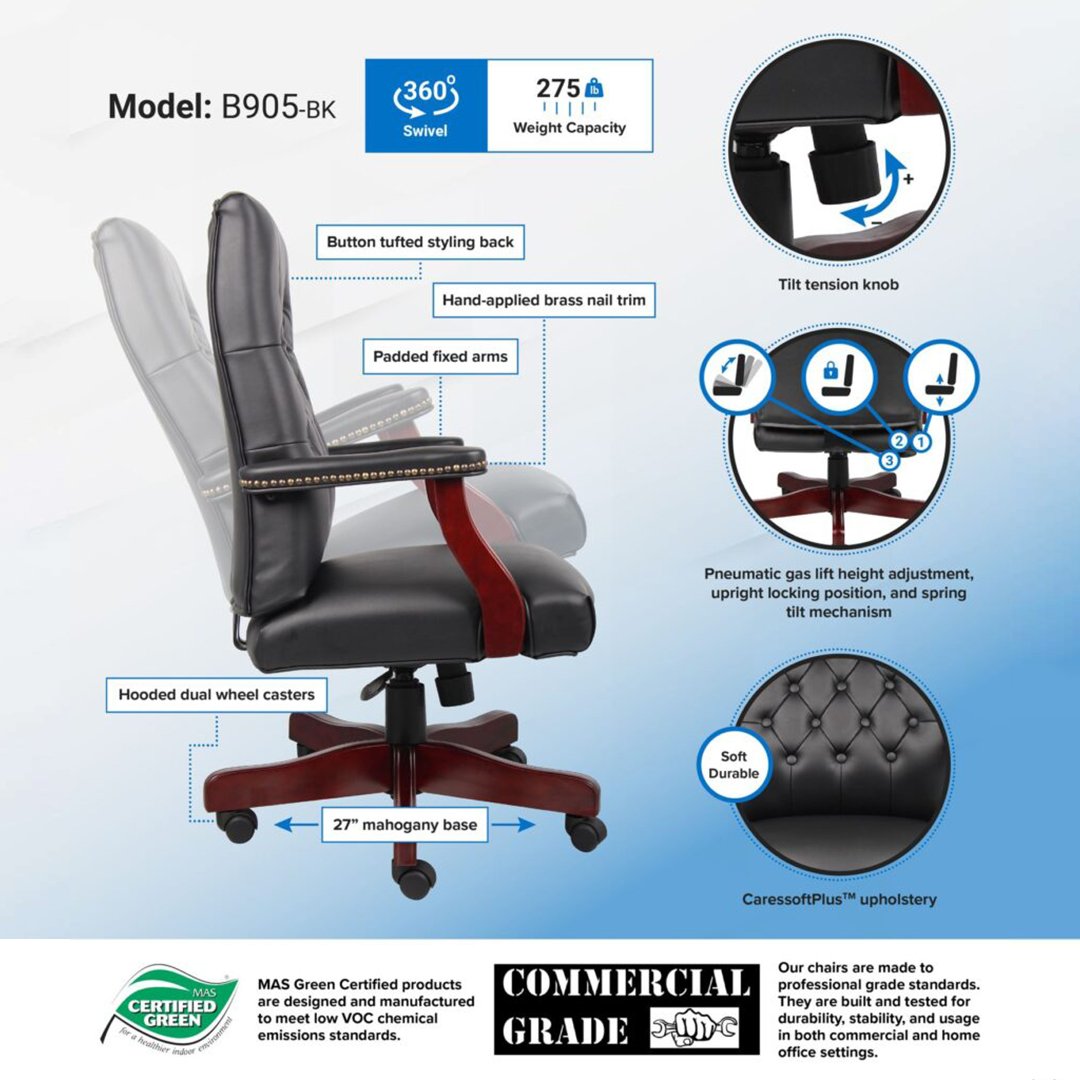 Boss Classic Black Caressoft Chair With Mahogany Finish Frame - Image 2