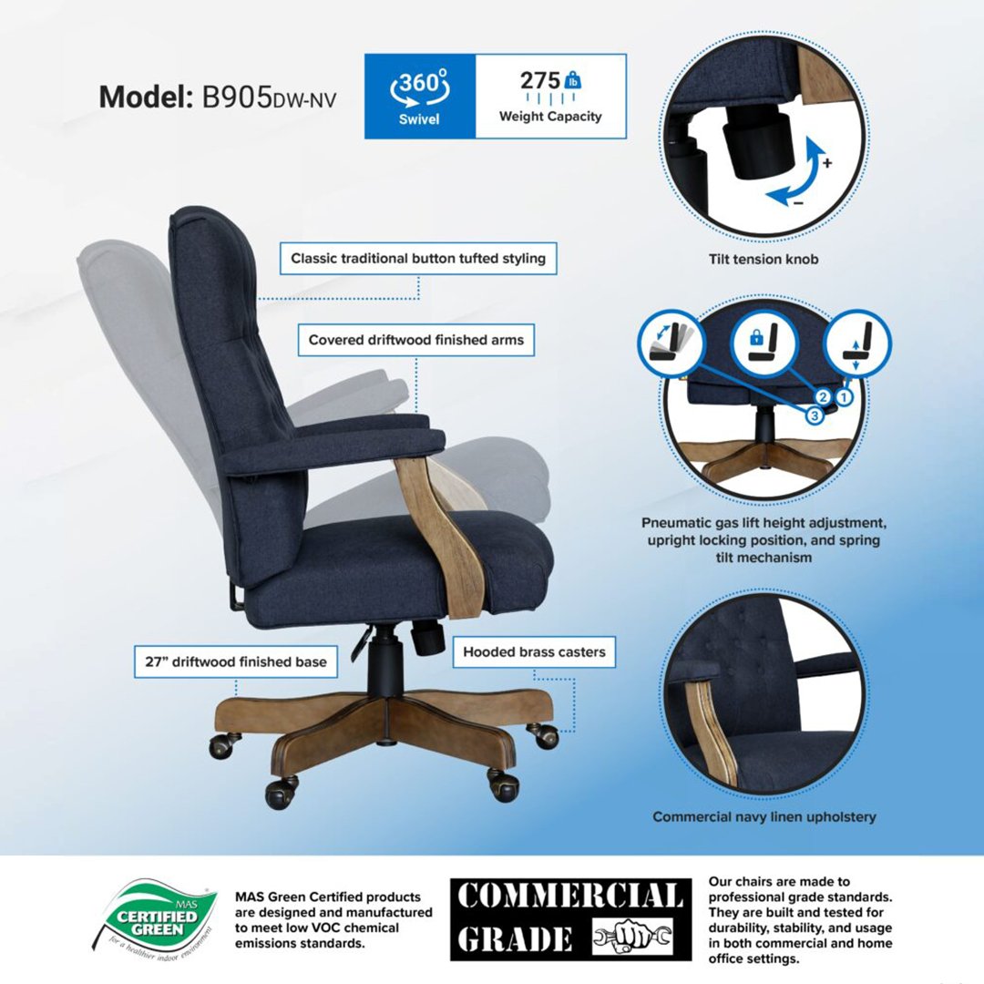 BOSS Executive Navy Commercial Grade Linen Chair With Driftwood Finish Frame - Image 5